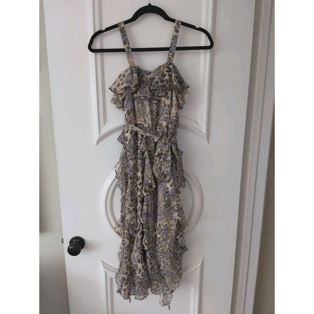 Bardot Junior Girls 10 Midi Tiered Chiffon Dress Animal Print Ruffled Straps/Tie